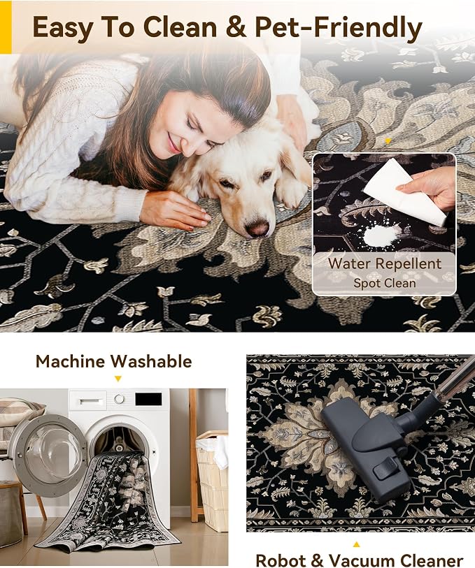 RELEANY Area Rugs 7'x10' Washable Non-Slip, Floral Vintage Distress Medallion Carpet for Living Room Bedroom Dining Room, Black Brown Neutral Dark Tan