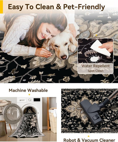 RELEANY Area Rugs Runner 3'x10' Washable Non-Slip, Floral Vintage Distress Medallion Carpet for Kitchen Hallway Bedroom Beside Laundry Room Bathroom, Black Brown Neutral Dark Tan