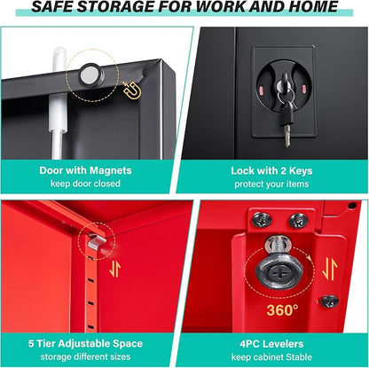 SISESOL Red Metal Storage Cabinet with Locking Doors and Shelves,Garage Storage Cabinet with Lock,Steel Locker,Lockable Cabinets for Home,Office,Shop,Garage Cabinets