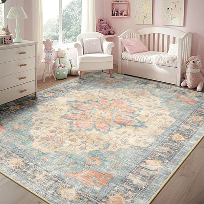 RELEANY Area Rugs 5'x8' Washable Non-Slip, Floral Vintage Distress Medallion Carpet for Living Room Bedroom Dining Room, Blue Orange Red