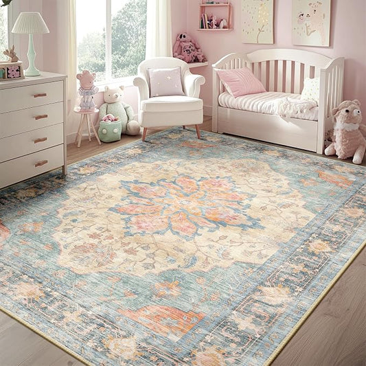 RELEANY Area Rugs 5'x8' Washable Non-Slip, Floral Vintage Distress Medallion Carpet for Living Room Bedroom Dining Room, Blue Orange Red