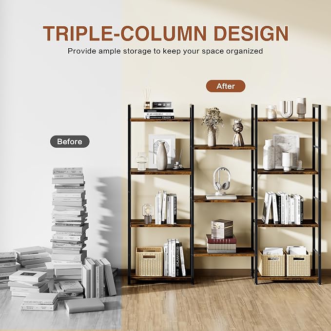 Shintenchi Triple Column 4 Tier Bookshelf, Industrial Large Bookcase Display Shelves, Large Etagere Bookshelf,Wide Book Shelf Book Case for Home & Office, Rustic Brown