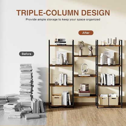 Shintenchi Triple Column 4 Tier Bookshelf, Industrial Large Bookcase Display Shelves, Large Etagere Bookshelf,Wide Book Shelf Book Case for Home & Office, Rustic Brown