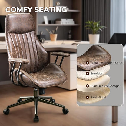 Home Office Chair,Ergonomic Computer Chair with Lumbar Support Adjustable Height,Mid-Century Modern Office Chair with Rolling Swivel Chair for Home Office Game Study(Suede High Back Chair,Dark Brown)