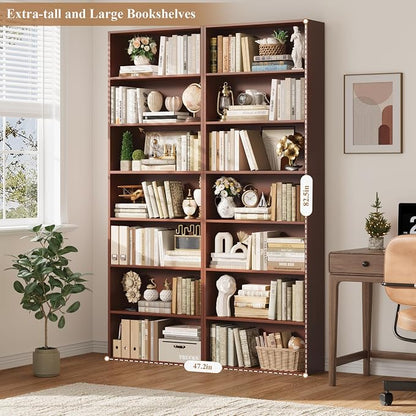 FACBOTALL 82" Tall Bookshelf Set of 2, 7-Tier Double Open Shelves Bookcase,Freestanding Display Storage Shelves, Tall Bookcase Home Decor Furniture for Home Office,Living Room,Bedroom, Cherry