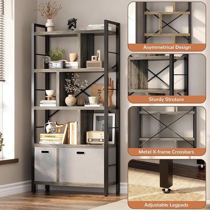 Armocity Bookshelf with Drawers - 5 Tier Tall Bookcase Geometric Modern Book Shelf Display Standing Bookshelves with Storage for Living Room, Bedroom Home Office, Grey Oak