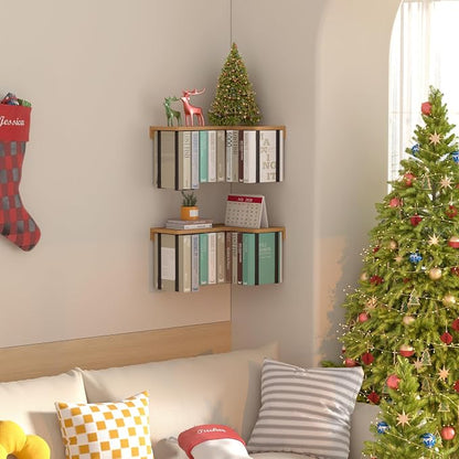 L-Shaped Corner Floating Shelves Set of 2, Floating Book Shelves for Wall | Pine Wood Wall Mount Floating Bookshelf with Hanging Strap Holds 9 Books, Hanging Hookshelf Display Shelf for Home Wall Decor
