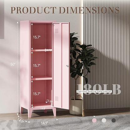 Locker Cabinet, 50" Pink Small Metal Locker Storage Cabinet for Employees with Locking Door and 2 Shelves Kids Locker Tool File Cabinets for Bedroom, Home Office, Garage, Bathroom