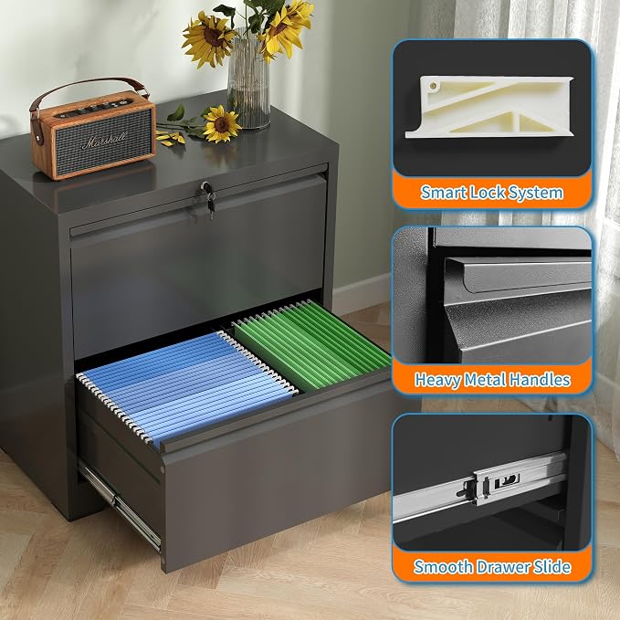 IKIMI Lateral File Cabinets 2 Drawer,Metal Lateral Filing Cabinet for Home Office,Wide Steel Storage Commercial Drawer Cabinet for Legal/Letter/A4 Size Assembly Required