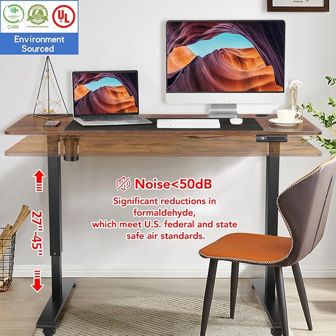 farexon 55 x 24inch Electric Standing Desk Adjustable Height with Power Outlets, Stand up Desk with Wheels,Outlets, Mouse Pad, Preset Heights Home Office Gaming Computer Workstations Table（Brown）
