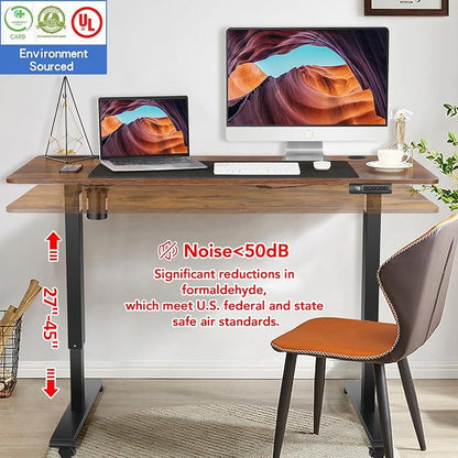 farexon 55 x 24inch Electric Standing Desk Adjustable Height with Power Outlets, Stand up Desk with Wheels,Outlets, Mouse Pad, Preset Heights Home Office Gaming Computer Workstations Table（Brown）