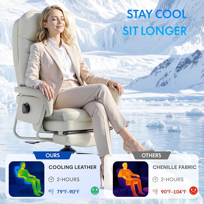 FLEXISPOT Cooling Ergonomic Office Chair with Footrest Indoor Lounge Computer Chair with 90-165° 4-Level Reclining, Chairs for Working Relaxing Sleeping, Tech Cooling Leather with 0.4 Q-Max, White