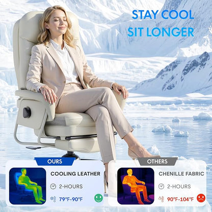 FLEXISPOT Cooling Ergonomic Office Chair with Footrest Indoor Lounge Computer Chair with 90-165° 4-Level Reclining, Chairs for Working Relaxing Sleeping, Tech Cooling Leather with 0.4 Q-Max, White