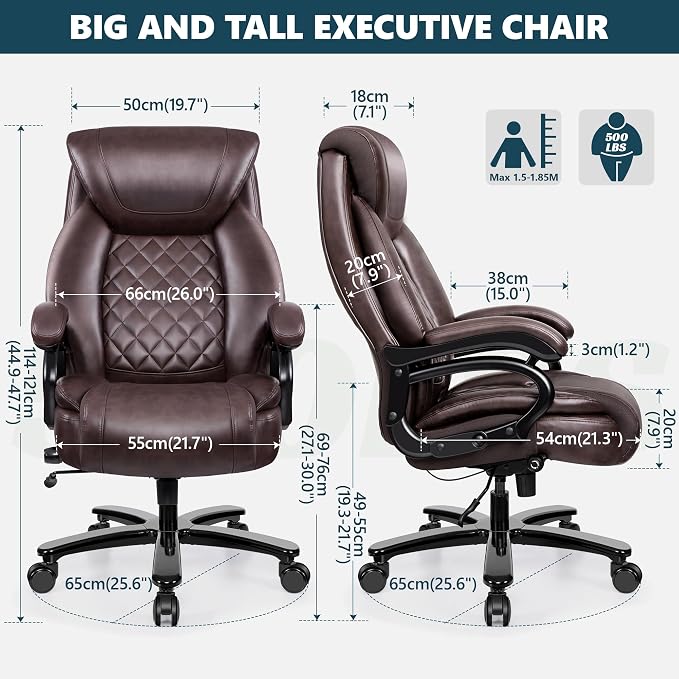 Big and Tall 500lbs Office Chair,Heavy Duty Large PU Leather Executive Desk Chair with Wide Seat, Adjustbale Ergonomic Lumbar Support High Back Rocking Computer Chair for Heavy People (Brown)