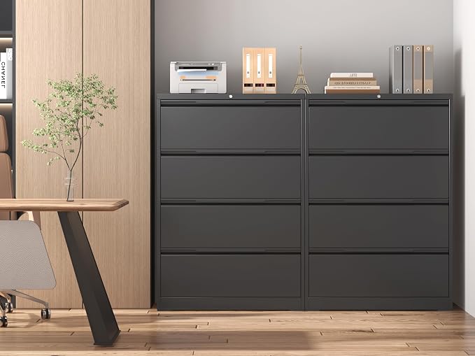 Lateral File Cabinet 4 Drawer, Metal File Cabinet with Lock | Filing Cabinets for Home Office, Black Locking Deep Drawer for Hanging Files Letter/Legal/A4/F4 Size, Assembly Required