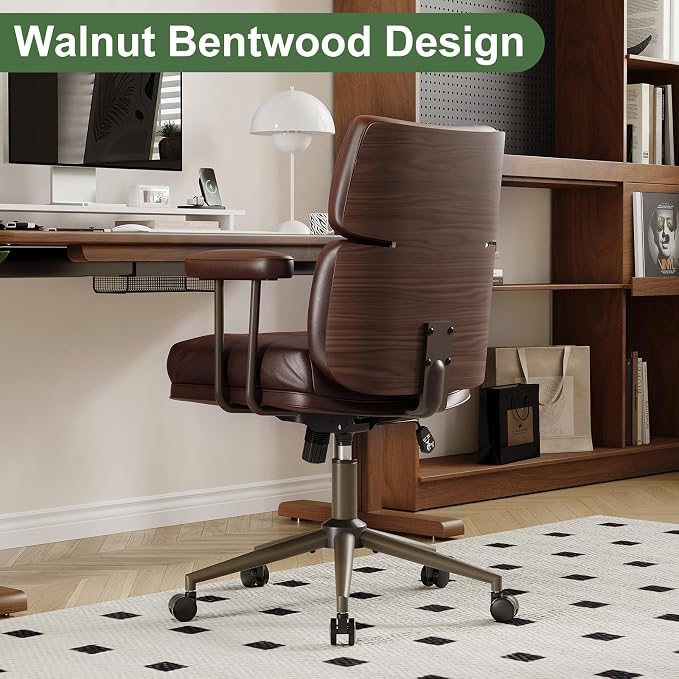 Mid-Century Modern Ergonomic Office Chair,Mid Back Faux Leather Executive Desk Chair with Walnut Bentwood,Tufted Adjustable Swivel Computer Chair for Home Office,Brown