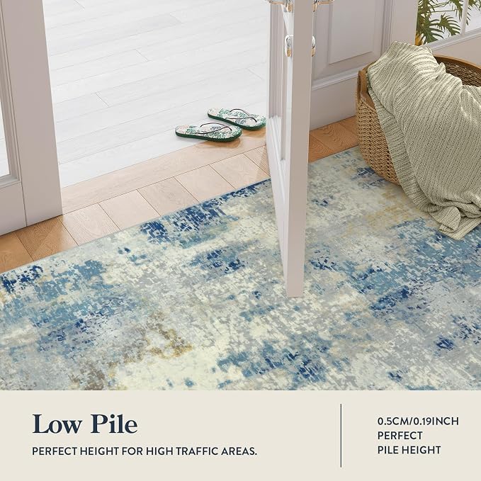 Lahome Modern Abstract Bathroom Runner Rug 2x8, Washable Entryway Rug Runners for Hallways Non Slip, Soft Non Skid Kitchen Carpet Runner for Living Laundry Bedroom RV, Blue