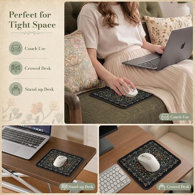 iCasso Aesthetic Small Floral Mouse Pad, Mini Portable Travel Mousepad, Anti-Slip and Comfortable Cloth Mouse Mat 7.9"x9.5" with Stitched Edges for Computer, Laptop, Office, Home(Black)