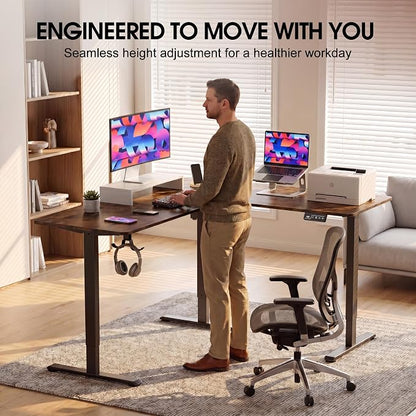 Furmax 63 x 48 Inch L Shaped Standing Desk with 2 Preset Heights, Electric Height Adjustable Computer Table, 2 Hooks & Feet Balance, Corner Sit Stand Desk for Home Office (Rustic Brown, 63 x 48 Inch)