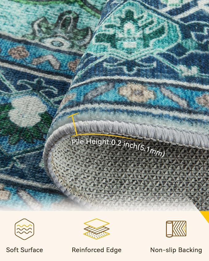 RELEANY Area Rugs Round 8ft Washable Non-Slip, Floral Vintage Distress Medallion Carpet for Living Room Bedroom Dining Room, Teal Green Lake Blue Turquoise