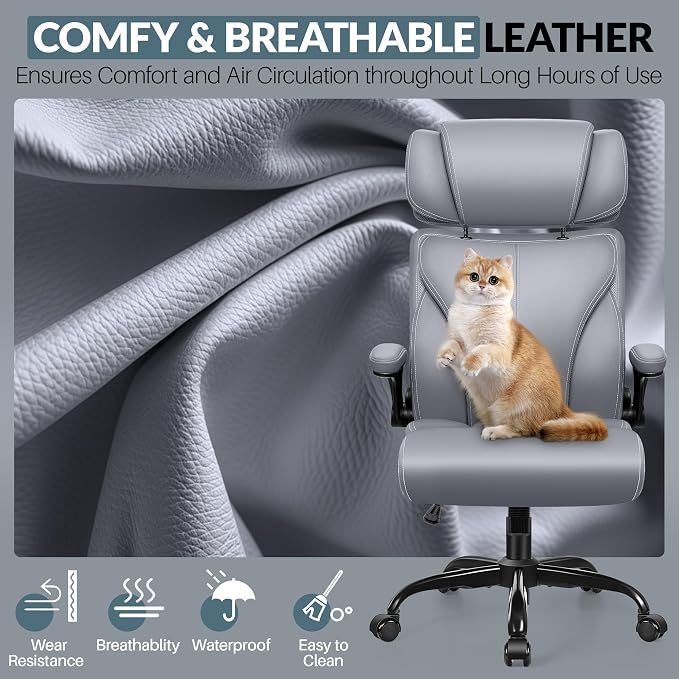 Office Chair, Ergonomic Big and Tall Computer Desk Chair with Retractable Adjustable Headrest, Executive Breathable Leather Chair, Lumbar Support Swivel Flip-up Armrests Rocking Function,Matte Gray