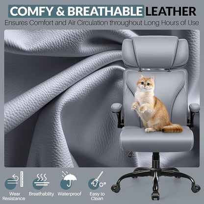 Office Chair, Ergonomic Big and Tall Computer Desk Chair with Retractable Adjustable Headrest, Executive Breathable Leather Chair, Lumbar Support Swivel Flip-up Armrests Rocking Function,Matte Gray
