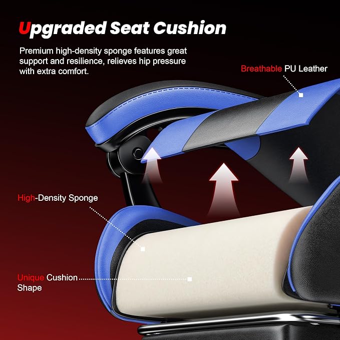 Gaming Chair with Footrest, Ergonomic Video Game Chair with Headrest and Lumbar Support, 400 lbs Adult Chair, Height Adjustable 360° Swivel High Back Reclining Computer Chair for Home Office (Blue)