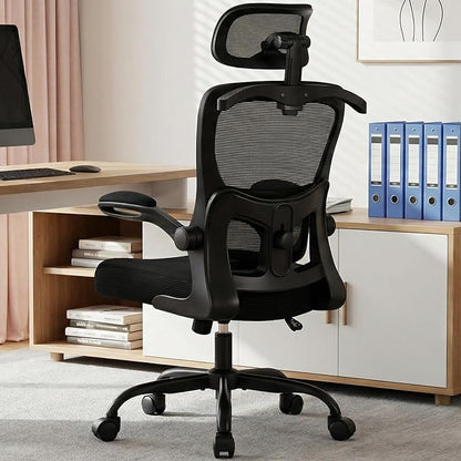 AreShark Office Chair-Ergonomic Desk Chair with Hidden Hanger & Flip-Up Arms, High Back Mesh Computer Chair with 2D Headrest & Adjustable Lumbar, Comfy Rolling Task Chair for Home Work Gaming, Black
