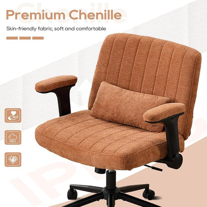 IPKIG Criss Cross Chair with Adjustable Flip-up Arms, Vanity Chair with Wheels, Comfy Desk Chair with Lumbar Pillow Swivel Wide Office Chair for Home Office, Bedroom, Chenille, Orange