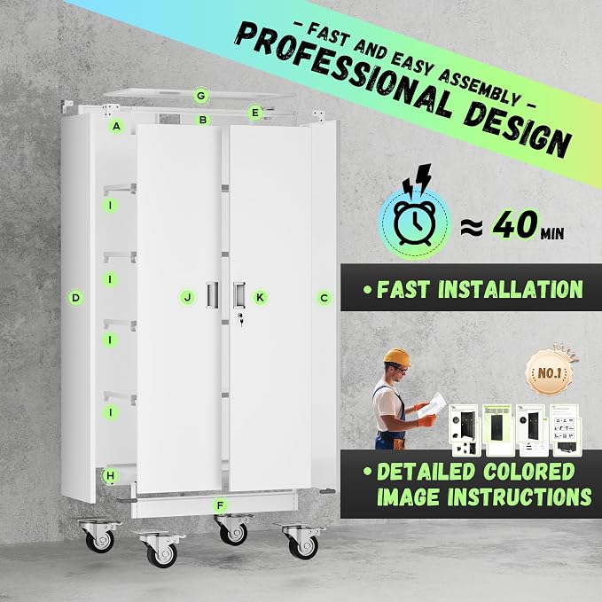 INTERGREAT Metal Storage Cabinet with Wheels, 72" Locking Storage Cabinets with Door and 4 Shelves, Tool Storage Locker on Casters for Home Office, White…