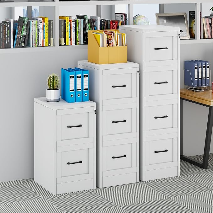 Small Metal 3-Drawer File Cabinet, Under-Desk Filing Cabinet, White | Locking, Adjustable Hanging Rail, Fit A4, FC, Letter, Hanging File Folders for Home Office Storage Organization, 1PS