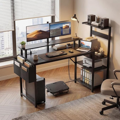 Apicizon 47 Inch Gaming Desk with LED Setup Style, Computer Desk with Storage Shelves & Monitor Stand, Reversible Workstation for Small Space, Home Office Desk with Side Pocket