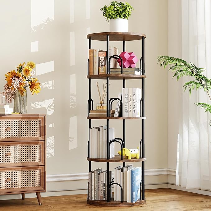 4 Tier Rotating Bookshelf Tower for Kids, Small Narrow Corner Book Shelf for Childrens, Toddler, Nursery Bookcase for Toy, Lego Dispaly Shelf for Bedroom Living Room Office Kitchen Shelf Tower