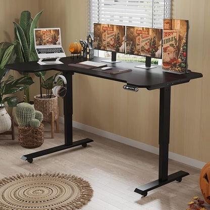 L-Shaped 59" Height Adjustable Electric Standing Desk, Sit and Stand Up Computer Desk For Home Office with Splice Board (Black Top, Black Frame)