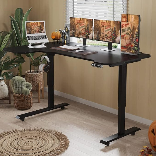 L-Shaped 59" Height Adjustable Electric Standing Desk, Sit and Stand Up Computer Desk For Home Office with Splice Board (Black Top, Black Frame)