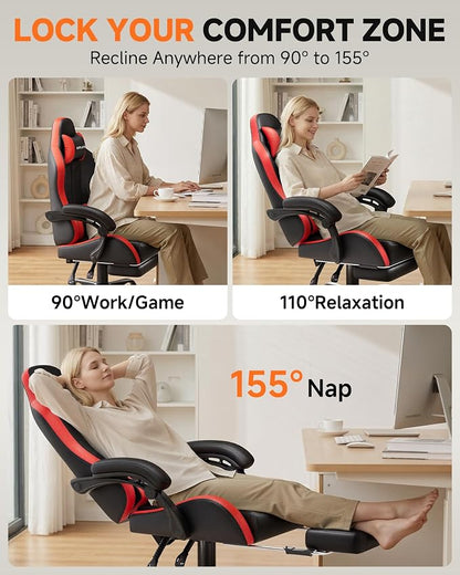 GTPLAYER Gaming Chair, Ergonomic Game Computer Chairs with Foot Rest for Adults, Adjustable PC Game Chair with Reclining Function and Comfortable Headrest for Home and Office Use (RED)