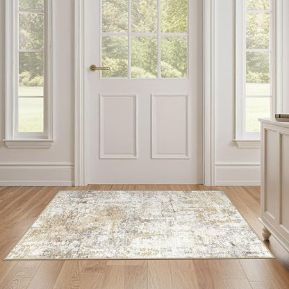 2x4 Rug Washable Runner Rug: Small Abstract Modern Non-Slip Soft Accent Doormat Stain Resistant Floor Throw Mat for Entryway Kitchen Bedroom Nursery Entry Dorm- Gray Gold