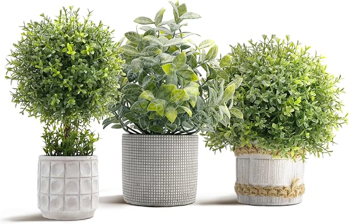 3 Pack Small Fake Plants in Farmhouse Concrete Planter | Artificial Boxwood Topiary, Indoor Home Decor, Bathroom Bedroom Shelf Office Table Kitchen
