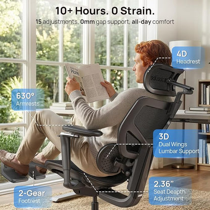 Ergonomic Office Chair with Adaptive Dual-Wing Lumbar Support - Over 10 Hours Sitting Comfortable Mesh Big and Tall Home Desk Chair, 4D Headrest, 2-Gear Footrest, 630° Armrst, Seat Depth Adjustable