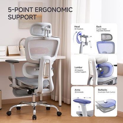 Office Chair with Footrest, Ergonomic Chair with 3D Headrest, Computer Chair with Adjustable Backrest & 3D Armrest, Gaming Chair with Adaptive Lumbar Support, Mesh Backrest & Cushion, Grey
