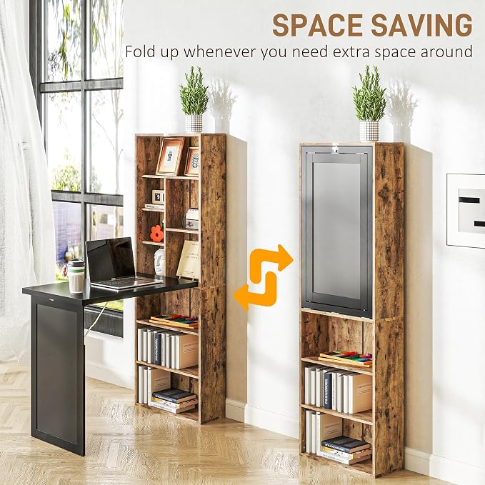 HOMCOM Foldable Convertible Writing Table, Wall Mounted Space-Saving Computer Desk with Chalkboard and Storage Shelves for Small Spaces, Home Office, Bedroom, Dorm, Apartment, Rustic Brown