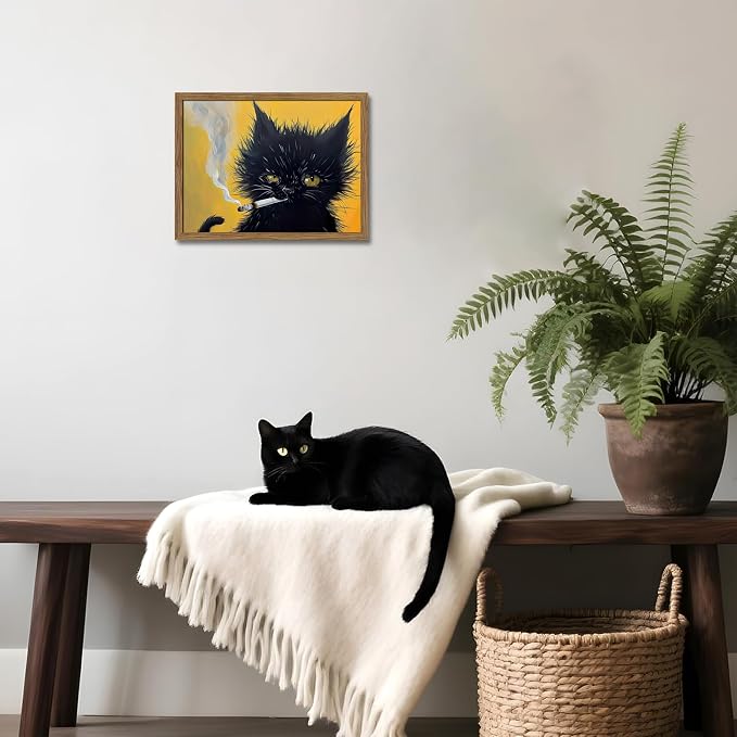 Vintage Black Cat Wall Art, Black Cat Painting Portrait Wall Decor, Mens Room Canvas Print Poster, Cool Animals Picture Art for Bathroom Decor 12x16 inch Wood Framed
