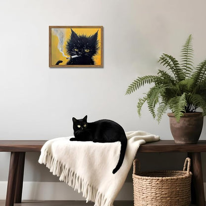 Vintage Black Cat Wall Art, Black Cat Painting Portrait Wall Decor, Mens Room Canvas Print Poster, Cool Animals Picture Art for Bathroom Decor 12x16 inch Wood Framed