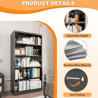 VASAAOSD 55” Black Bookshelf, 5 Tier Adjustable Metal Bookcase | Adjustable Design, Anti-Tilt Device, Easy Assembly Toy Storage Organizer, for Bedroom, Study, Office, Classroom