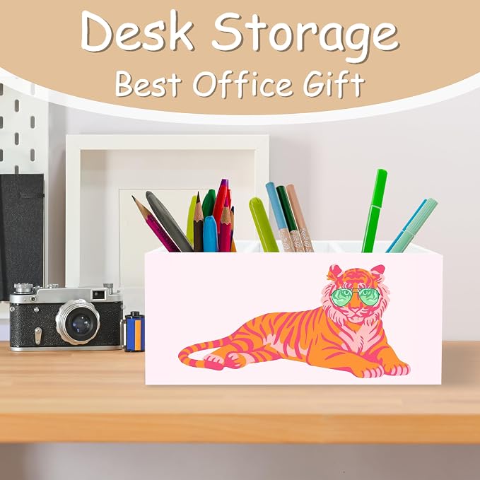 Pink Cute Tiger Pen Pencil Holder Organizer for Classroom Desk, Pink Tiger Girly Office Room Home Decor, Tigers Gifts for Women, Preppy Tigers Kids Desk Accessories