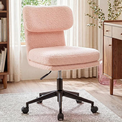 COMHOMA Vanity Chair with Ergonomic Curved Backrest, Home Office Desk Chair with Silent Wheel, Wide Seating Computer Chair for Girls Women Bedroom, Soft Teddy Fabric, Pink
