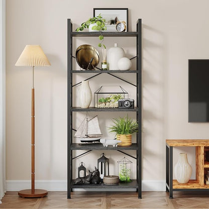 DurayLoly 5 Tier Bookshelf, Industrial Tall Bookcase, Modern Display Book Shelf with Metal Frame and Sidebars for Bedroom, Living Room and Home Office, Black