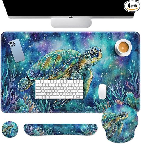 Britimes Turtle Galaxy Ocean Keyboard Mouse Pad Set Watercolor Coral 4in1 Large Mousepad+Keyboard Wrist Rest+Mouse Wrist Rest+Coaster Ergonomic Design for Home Office Computer 35.4x15.7 inches