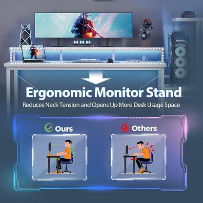 Mericonia 52 inch Gaming Desk with LED Lights & Power Outlets, Reversible Computer Desk with Storage Drawers & Monitor Stand, Large Gaming Table for Home Office