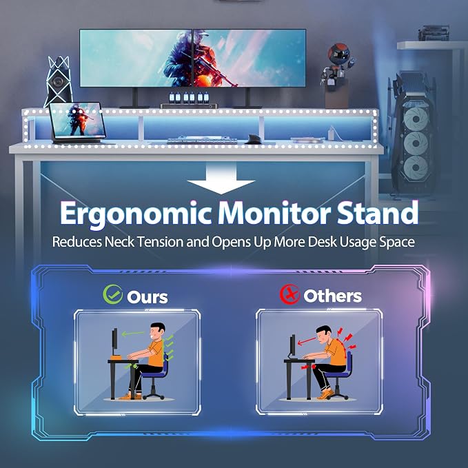 Mericonia 68 inch Gaming Desk with LED Lights & Power Outlets, Reversible Computer Desk with Storage Drawers & Monitor Stand, Large Gaming Table for Home Office
